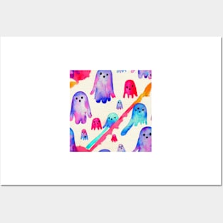 Watercolor kawaii ghosts pattern Posters and Art